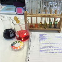 Eine Klasse setzt ihre Computer im Chemieunterricht ein