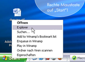Rechte Maustaste auf "Start", Explorer