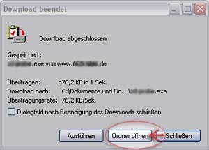Download beendet, Ordner öffnen